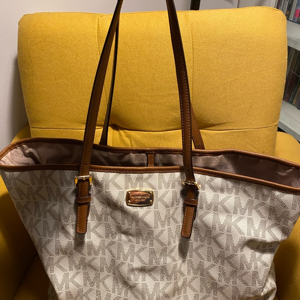 Michael Kors cream and brown logo tote